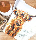 Load image into Gallery viewer, NEW Highland Cow Tea Towel Illustrated by Louise Jennifer Design