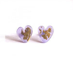 Load image into Gallery viewer, Glass Heart Stud Earrings with 24 carat gold leaf Handmade by Helen Chalmers Jewellery