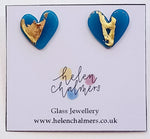 Load image into Gallery viewer, Glass Heart Stud Earrings with 24 carat gold leaf Handmade by Helen Chalmers Jewellery
