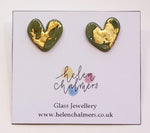 Load image into Gallery viewer, Glass Heart Stud Earrings with 24 carat gold leaf Handmade by Helen Chalmers Jewellery