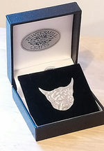 Load image into Gallery viewer, Mini Highland Cow Head Pewter Brooches Made in Scotland by Pewtermill