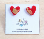 Load image into Gallery viewer, Glass Heart Stud Earrings with 24 carat gold leaf Handmade by Helen Chalmers Jewellery