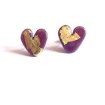 Load image into Gallery viewer, Glass Heart Stud Earrings with 24 carat gold leaf Handmade by Helen Chalmers Jewellery