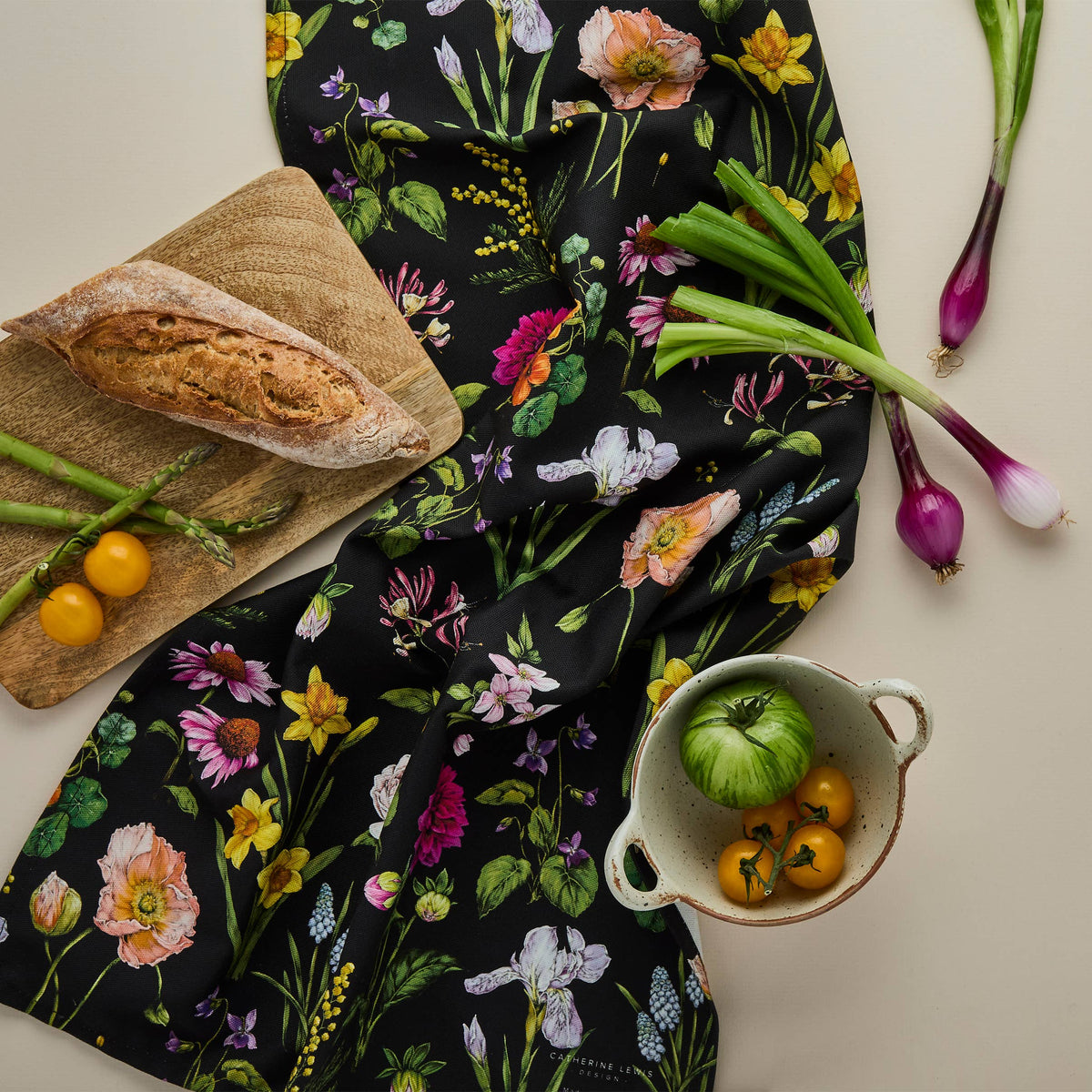 Bountiful Blooms - Tea Towel - Black, designed by Catherine Lewis