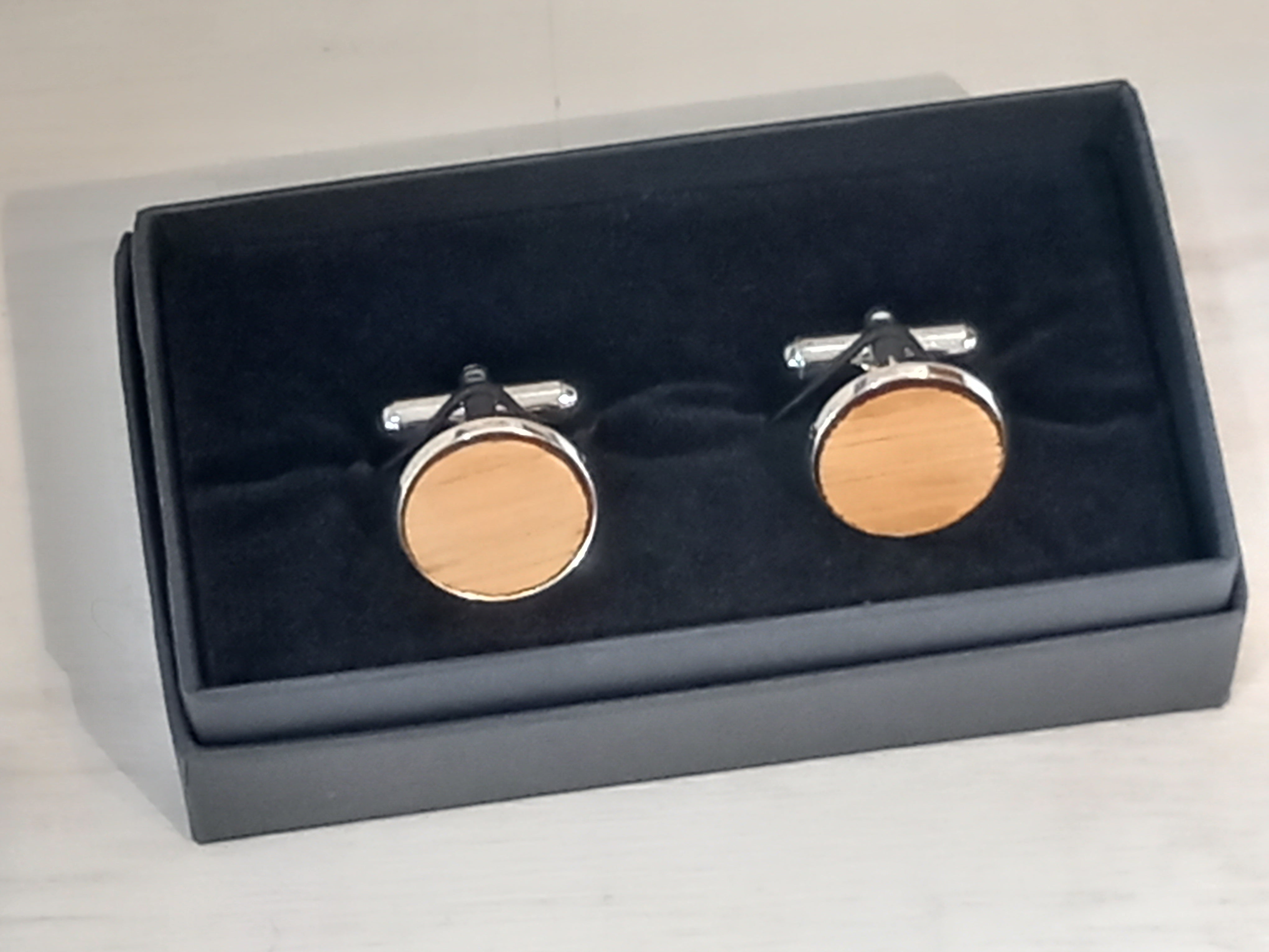 Round Whisky Barrel Cufflinks - Silver Finish, Made by Rezawood Designs in Milngavie