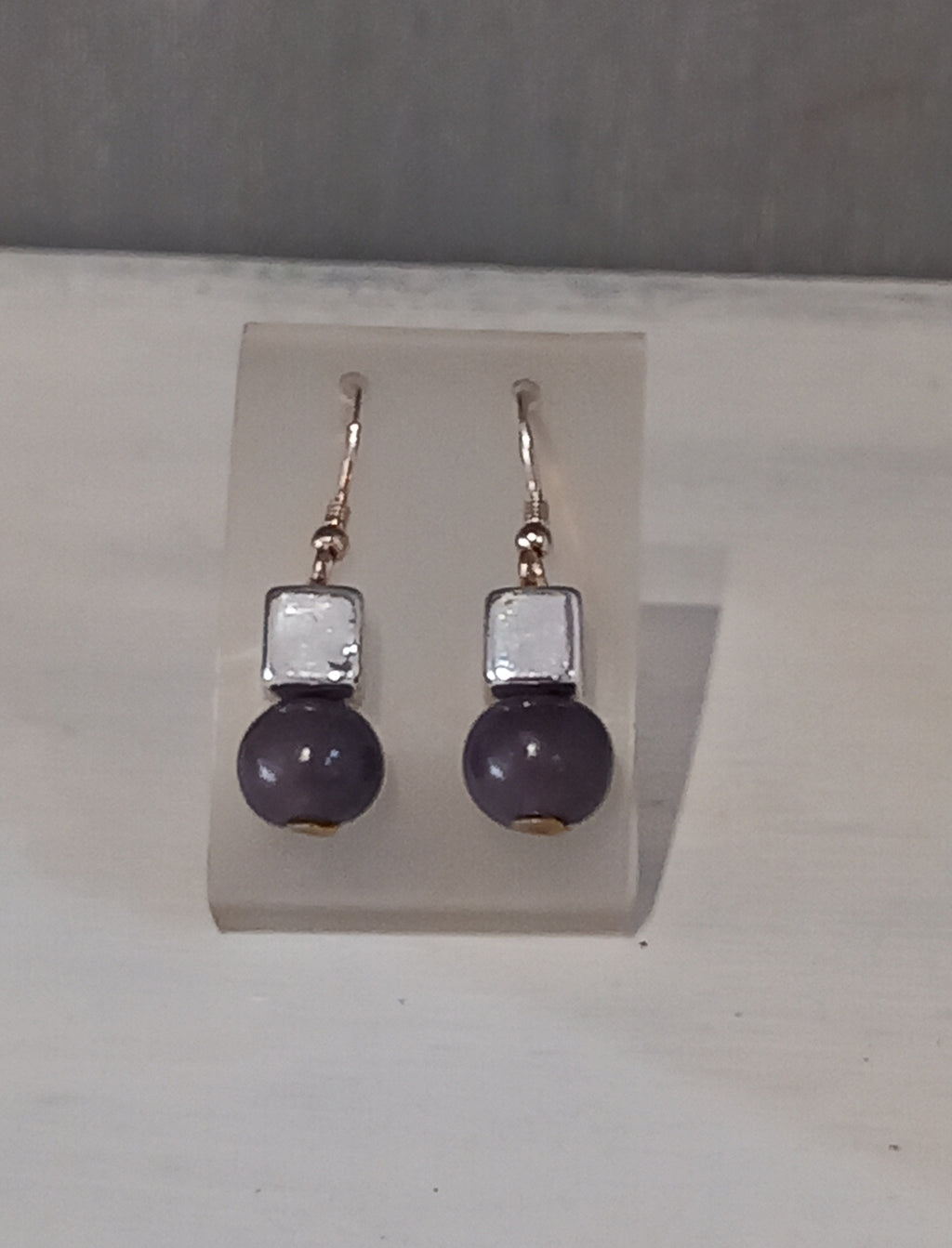 Pretty Pink Acai Seed / Silver Ceramic Cube Earrings