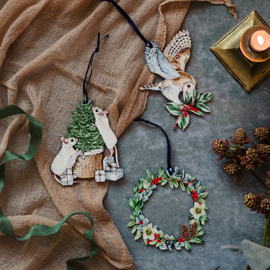 Mice Sustainable Wooden Watercolour Christmas Ornament  by Sophie Brabbins