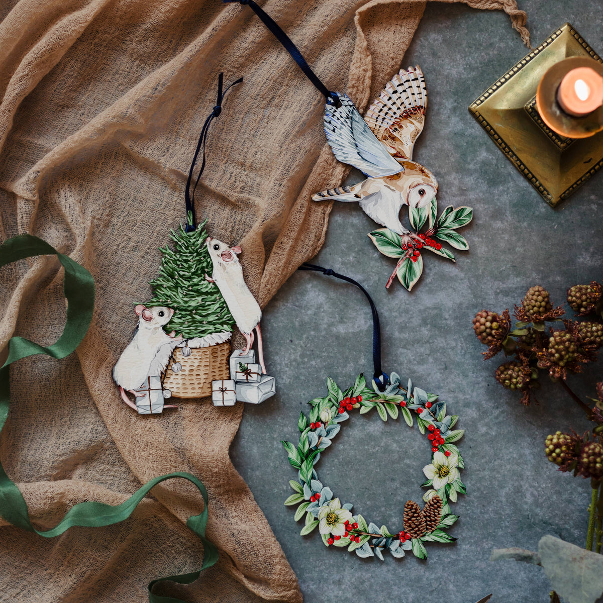 Mice Sustainable Wooden Watercolour Christmas Ornament  by Sophie Brabbins