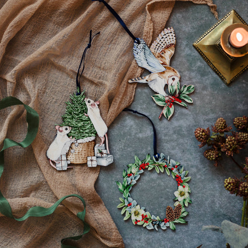 Barn Owl Sustainable Wooden Watercolour Christmas Ornament  by Sophie Brabbins