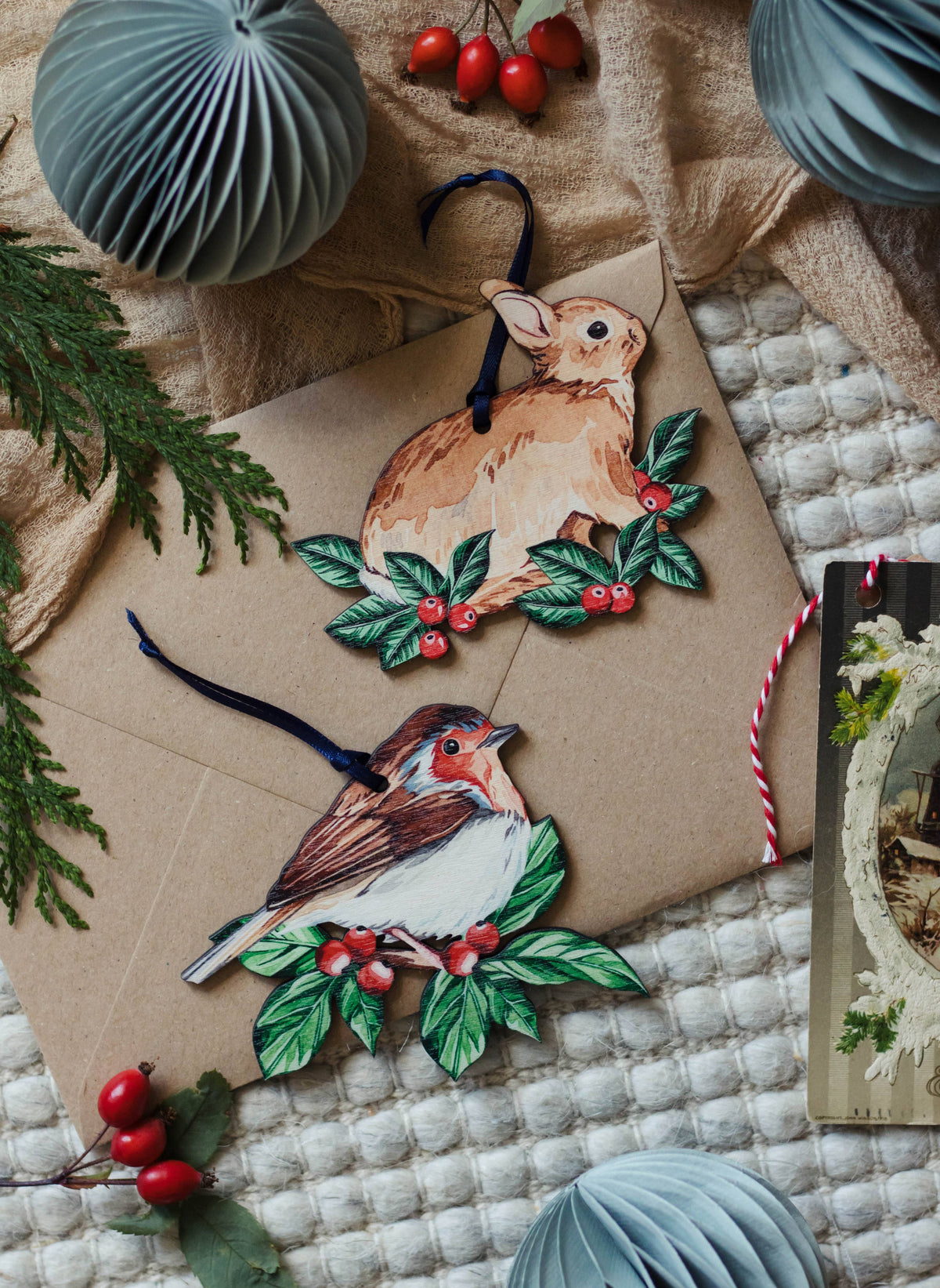 Rabbit Sustainable Wooden Watercolour Christmas Ornament  by Sophie Brabbins