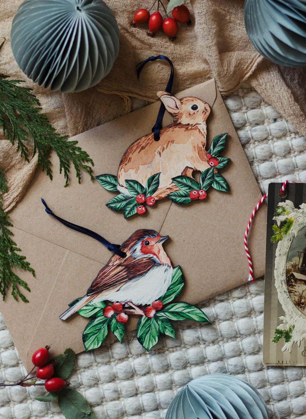 Robin Sustainable Wooden Watercolour Christmas Ornament  by Sophie Brabbins