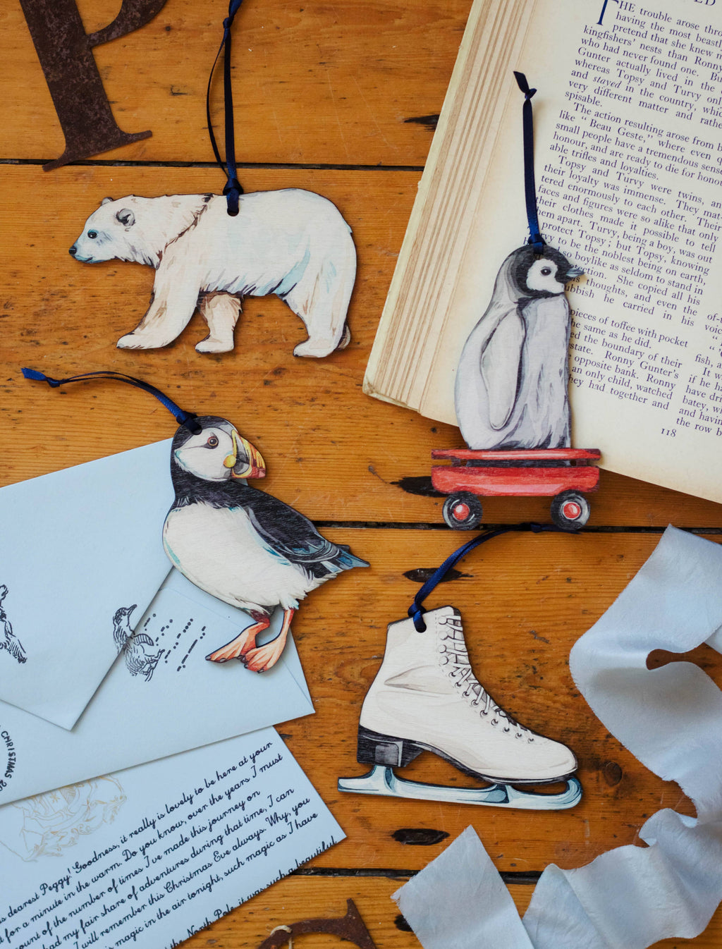 Penguin Sustainable Wooden Watercolour Christmas Ornament  by Sophie Brabbins