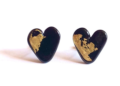Glass Heart Stud Earrings with 24 carat gold leaf Handmade by Helen Chalmers Jewellery