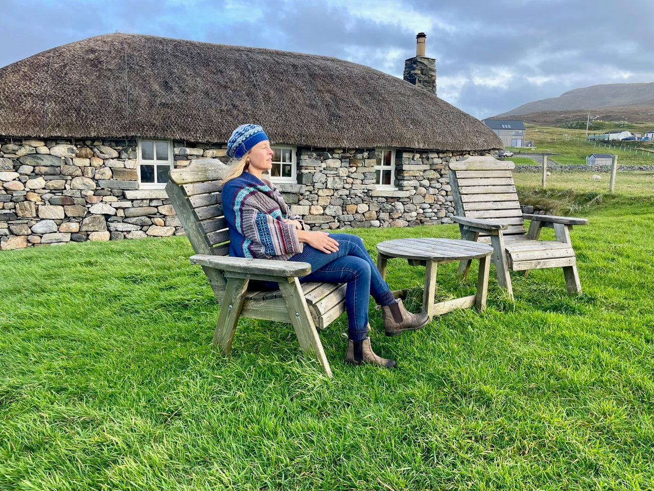 Autumn Winter 24 'OBAN SKY' MONTROSE BLANKET COAT 100% Merino Lambswool designed by ERIBÉ Knitwear