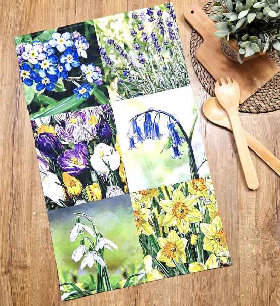 Spring Flowers Tea Towel Illustrated by Louise Jennifer Design