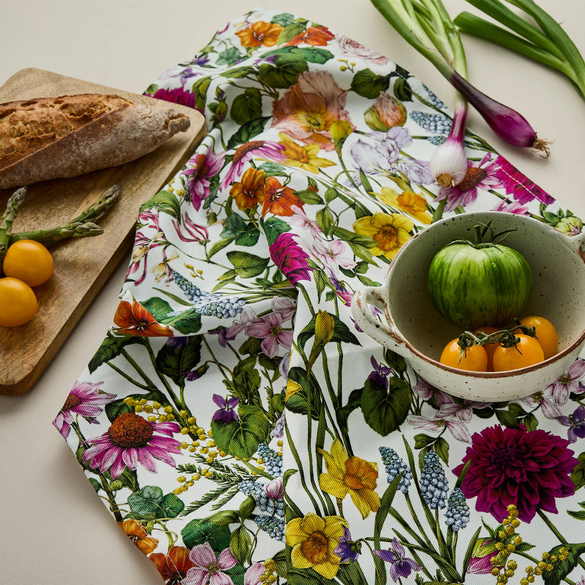 Bountiful Blooms - Tea Towel - Ivory, designed by Catherine Lewis