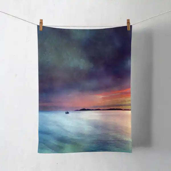 Fishing the little Minch Cotton Tea Towel by Cath Waters