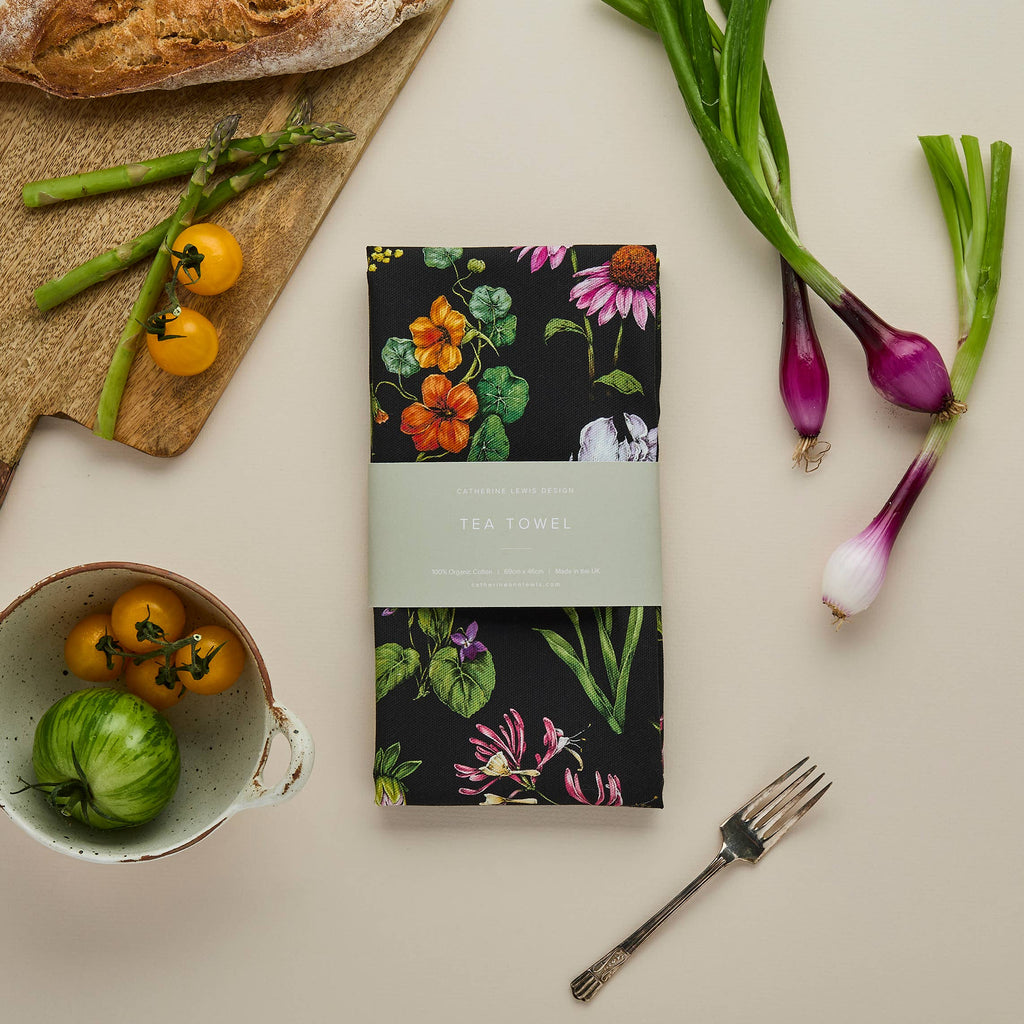 Bountiful Blooms - Tea Towel - Black, designed by Catherine Lewis