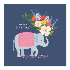 Happy Birthday Elephant Carrying Birthday Bouquet Card by Klara Hawkins