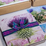 Load image into Gallery viewer, Geoff Foord Set of 4 Scottish Thistle Coasters tied with Tartan Ribbon
