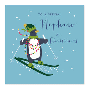 NEPHEW Christmas Card - Skiing Penguin by Klara Hawkins