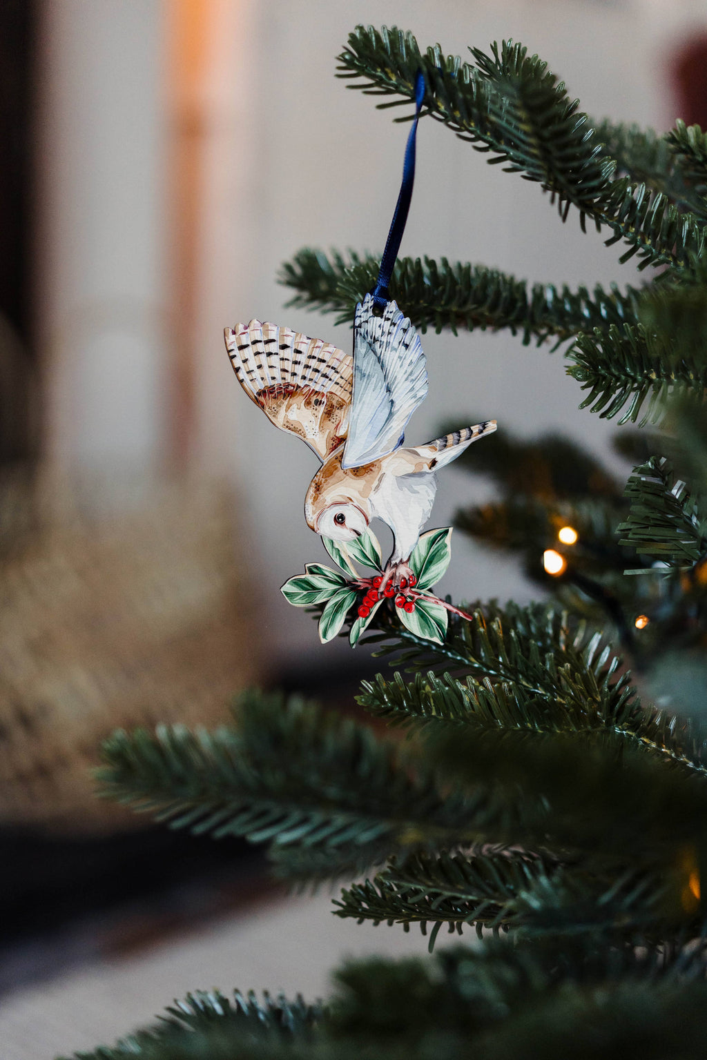Barn Owl Sustainable Wooden Watercolour Christmas Ornament  by Sophie Brabbins