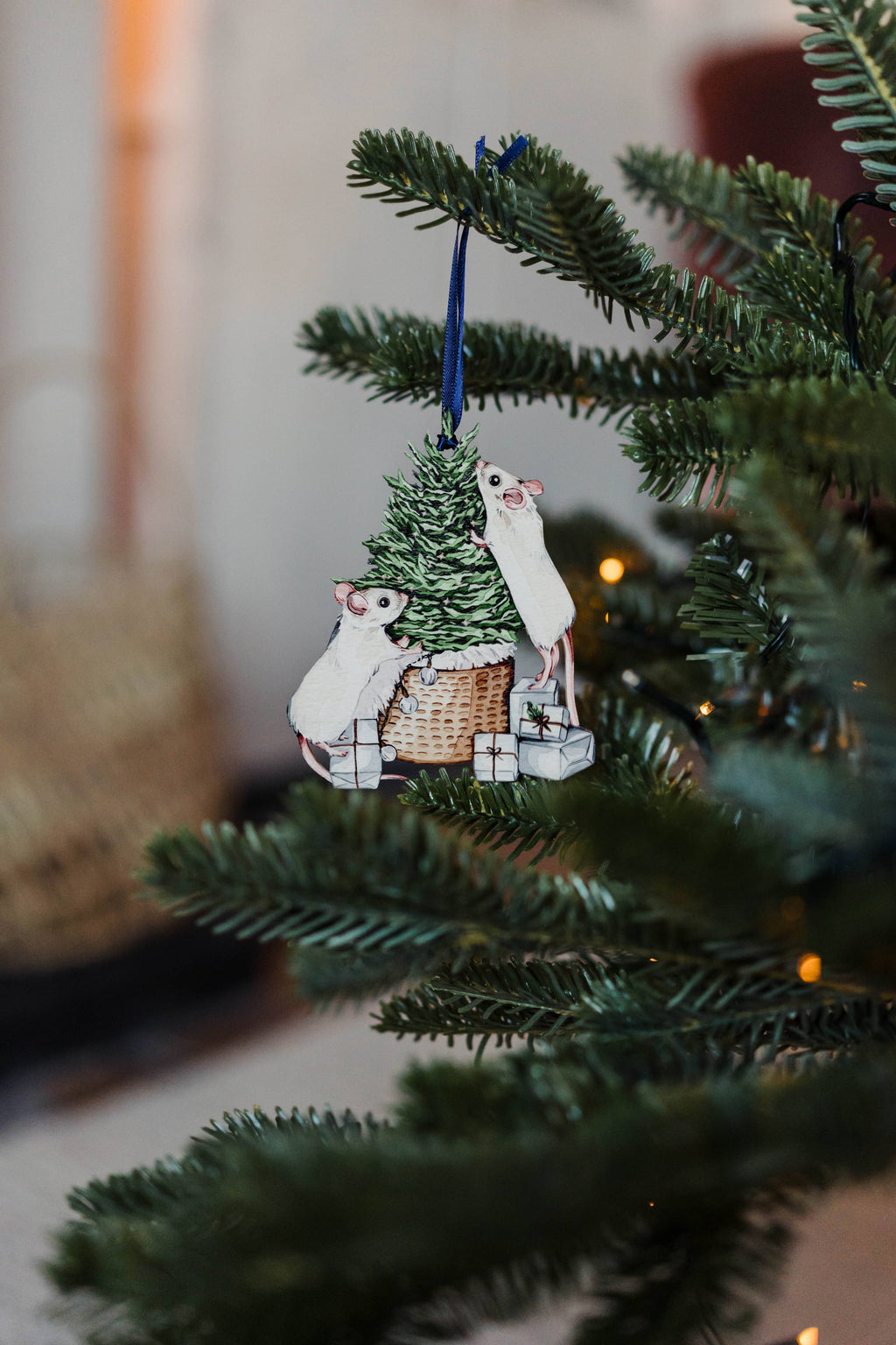 Mice Sustainable Wooden Watercolour Christmas Ornament  by Sophie Brabbins
