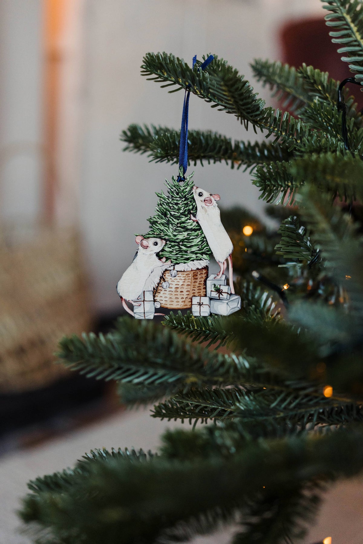 Mice Sustainable Wooden Watercolour Christmas Ornament  by Sophie Brabbins