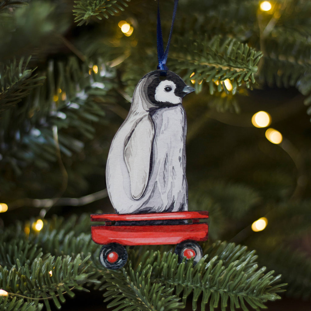 Penguin Sustainable Wooden Watercolour Christmas Ornament  by Sophie Brabbins