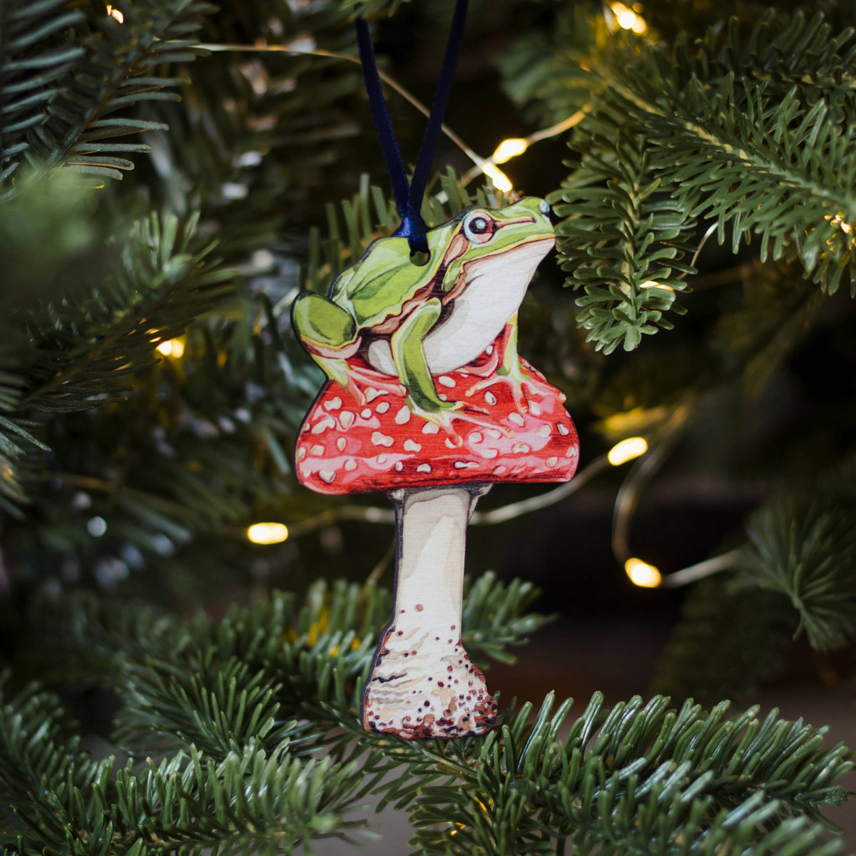 Frog Sustainable Wooden Watercolour Christmas Ornament  by Sophie Brabbins