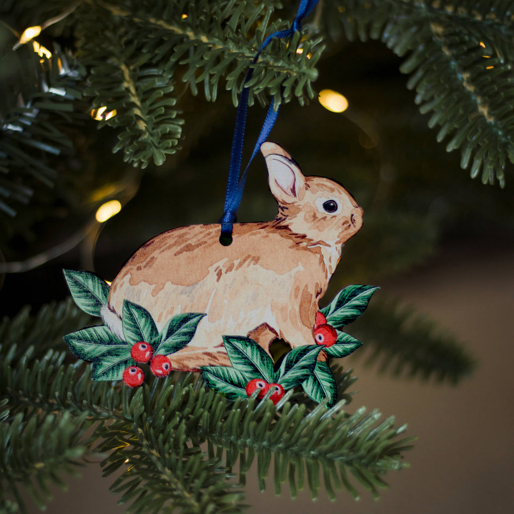 Rabbit Sustainable Wooden Watercolour Christmas Ornament  by Sophie Brabbins