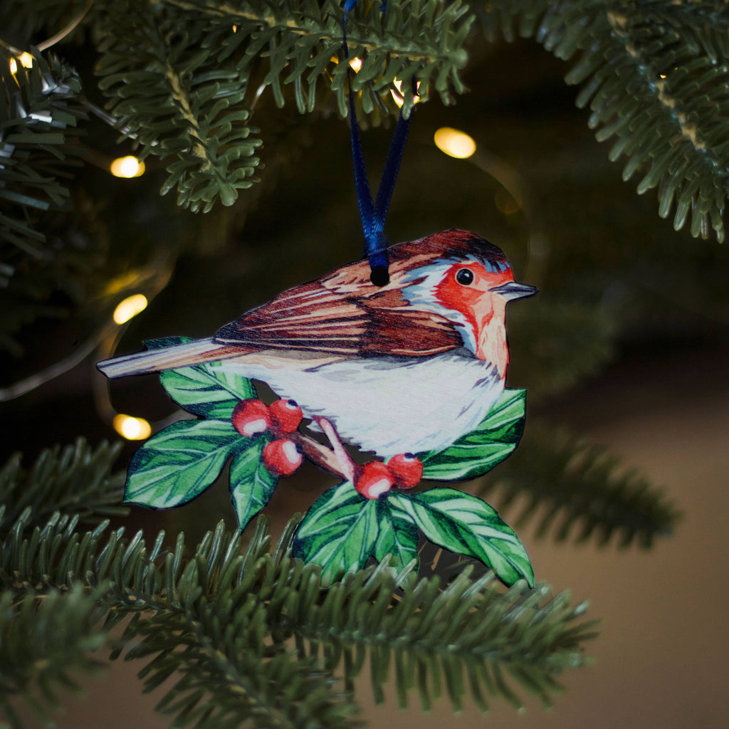 Robin Sustainable Wooden Watercolour Christmas Ornament  by Sophie Brabbins