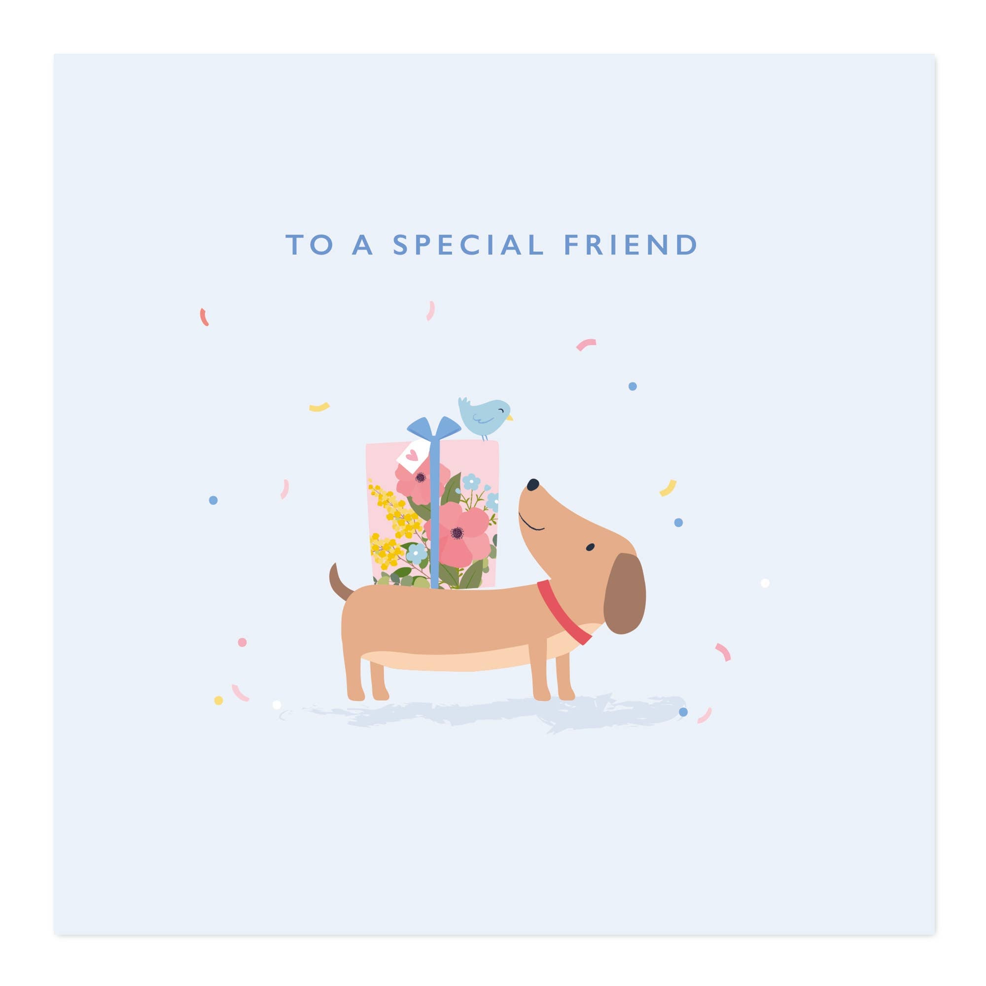 Special Friend Birthday Card (Dog with Gift) by Klara Hawkins