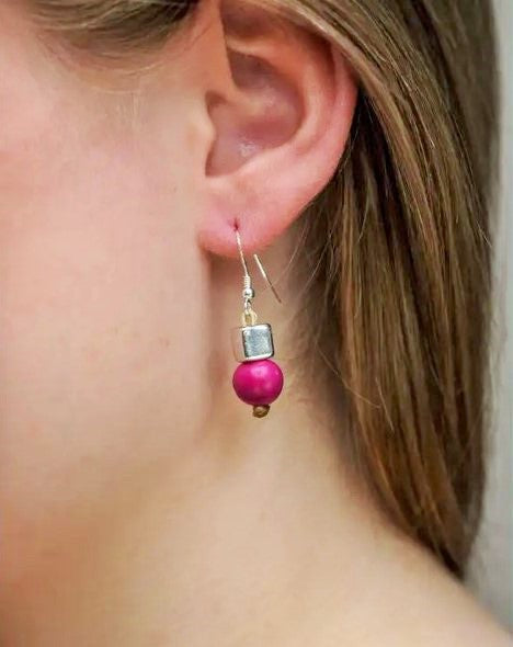 Pretty Pink Acai Seed / Silver Ceramic Cube Earrings