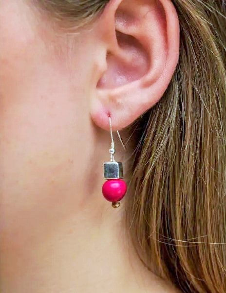 Pretty Pink Acai Seed / Silver Ceramic Cube Earrings