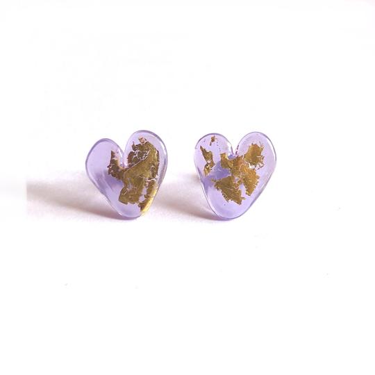 Glass Heart Stud Earrings with 24 carat gold leaf Handmade by Helen Chalmers Jewellery