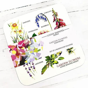 'GARDEN FLOWERS' Coaster Set (Hard Wood Coasters) Illustrated by Jennifer Louise Design