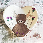 Load image into Gallery viewer, &#39;Angus Highland Cow in the Thistle Patch&#39;  Heart Shaped Trinket Dish
