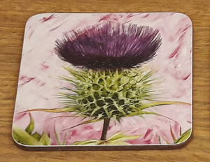 Geoff Foord Set of 4 Scottish Thistle Coasters tied with Tartan Ribbon