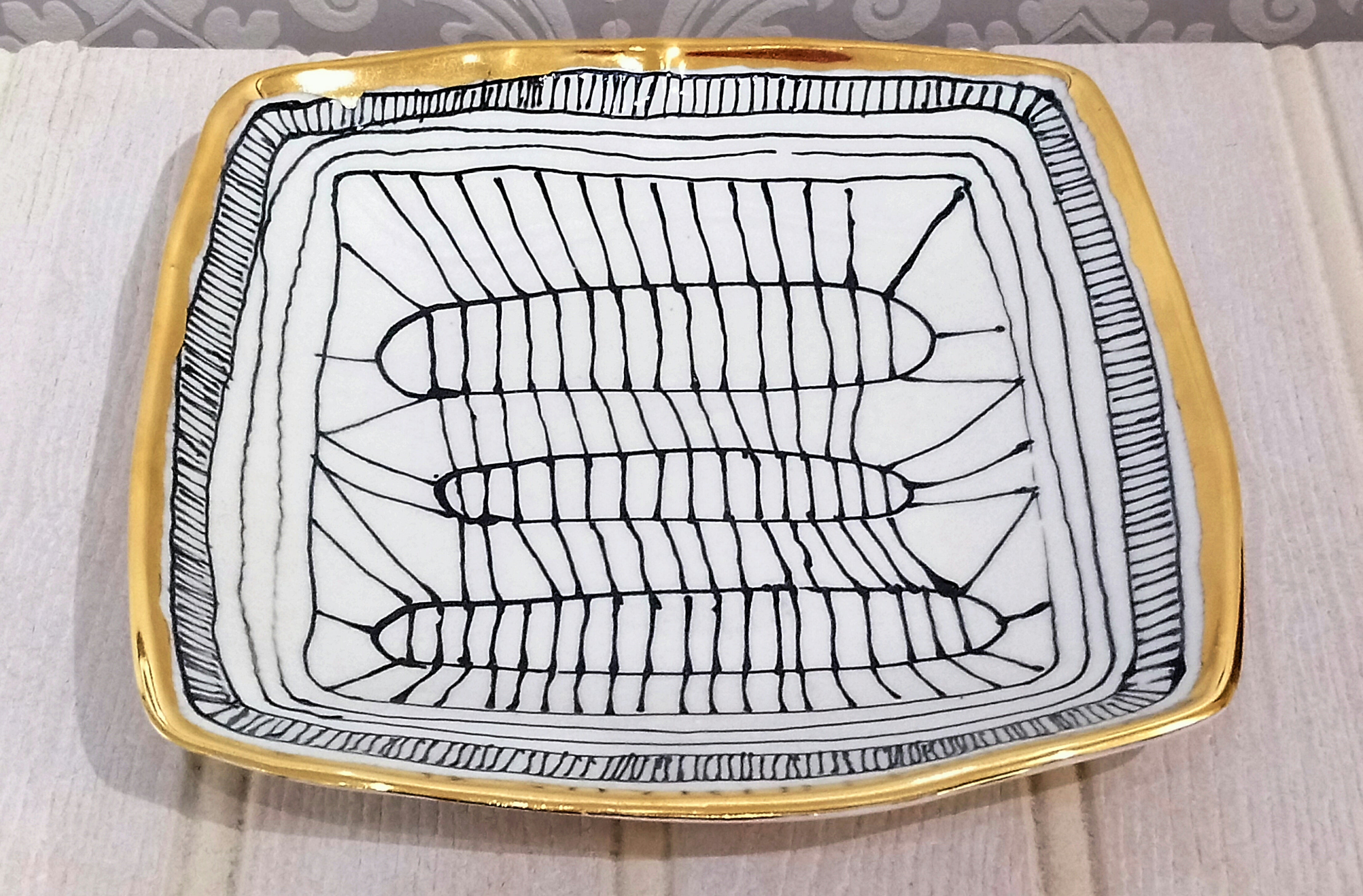 Gold Rimmed / Black & White SQ Platter Handmade in Scotland by Margaret MacDonald