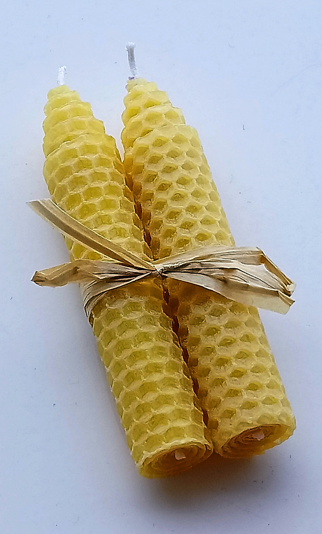 Thin Beeswax Candle Pair tied with Rafia