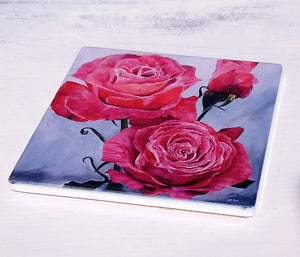 'Red Roses' Square Ceramic Coaster by Artist Geoff Foord