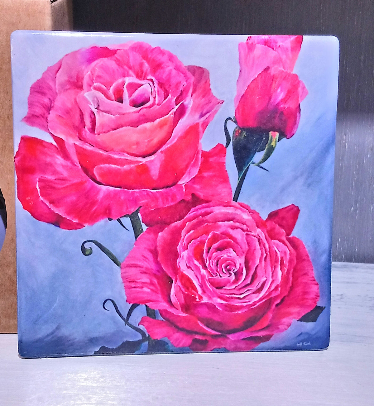 'Red Roses' Square Ceramic Coaster by Artist Geoff Foord