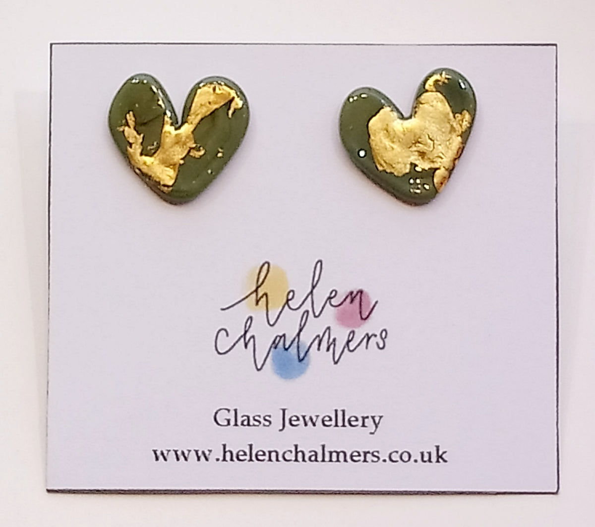 Glass Heart Stud Earrings with 24 carat gold leaf Handmade by Helen Chalmers Jewellery