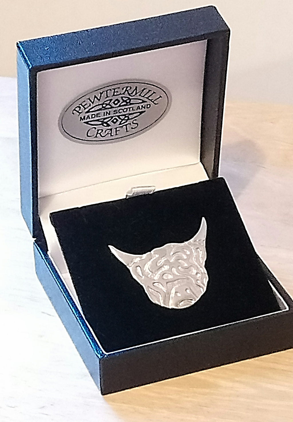 Mini Highland Cow Head Pewter Brooches Made in Scotland by Pewtermill