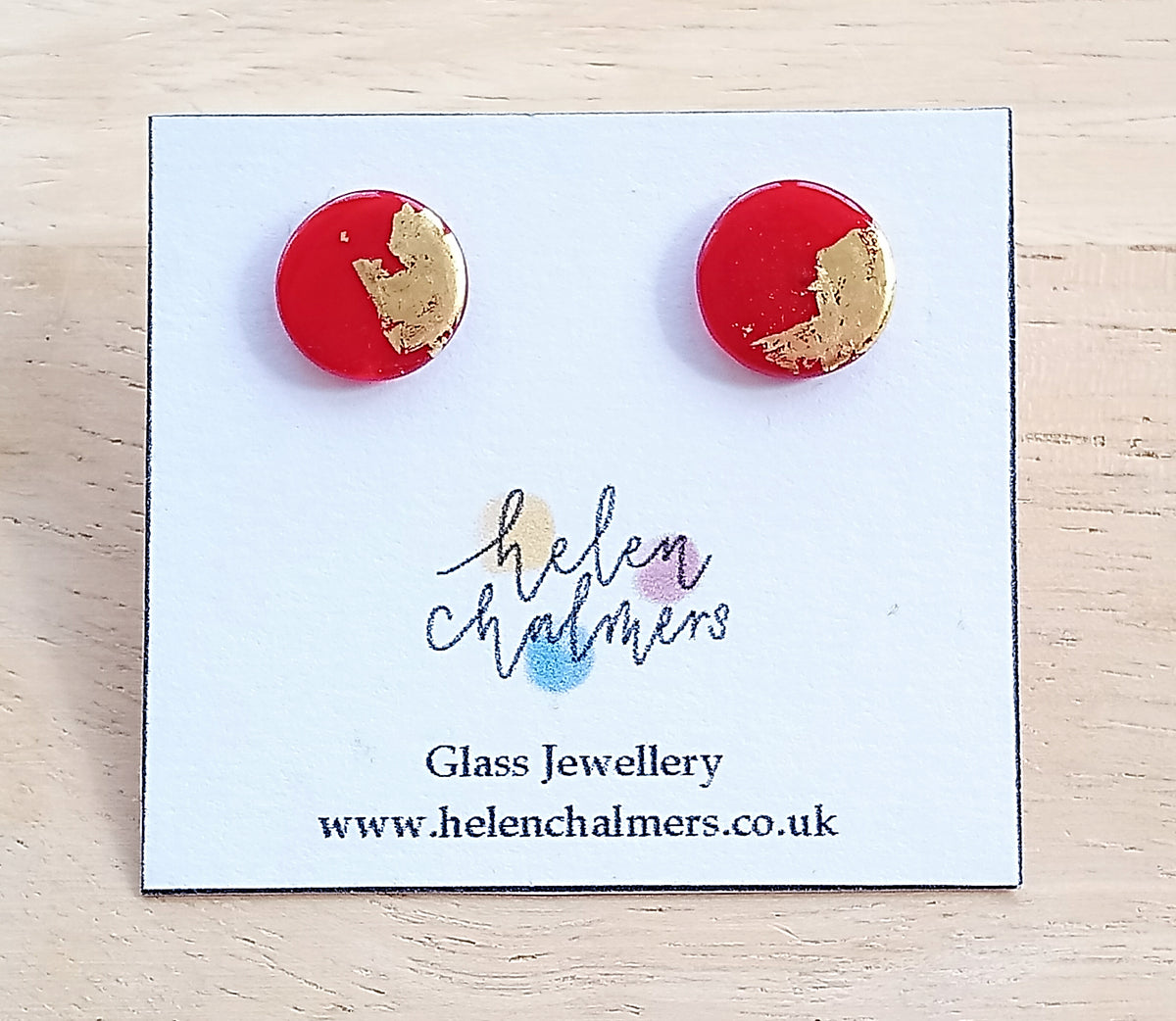 Gold Button Glass Studs Handmade by Helen Chalmers Jewellery