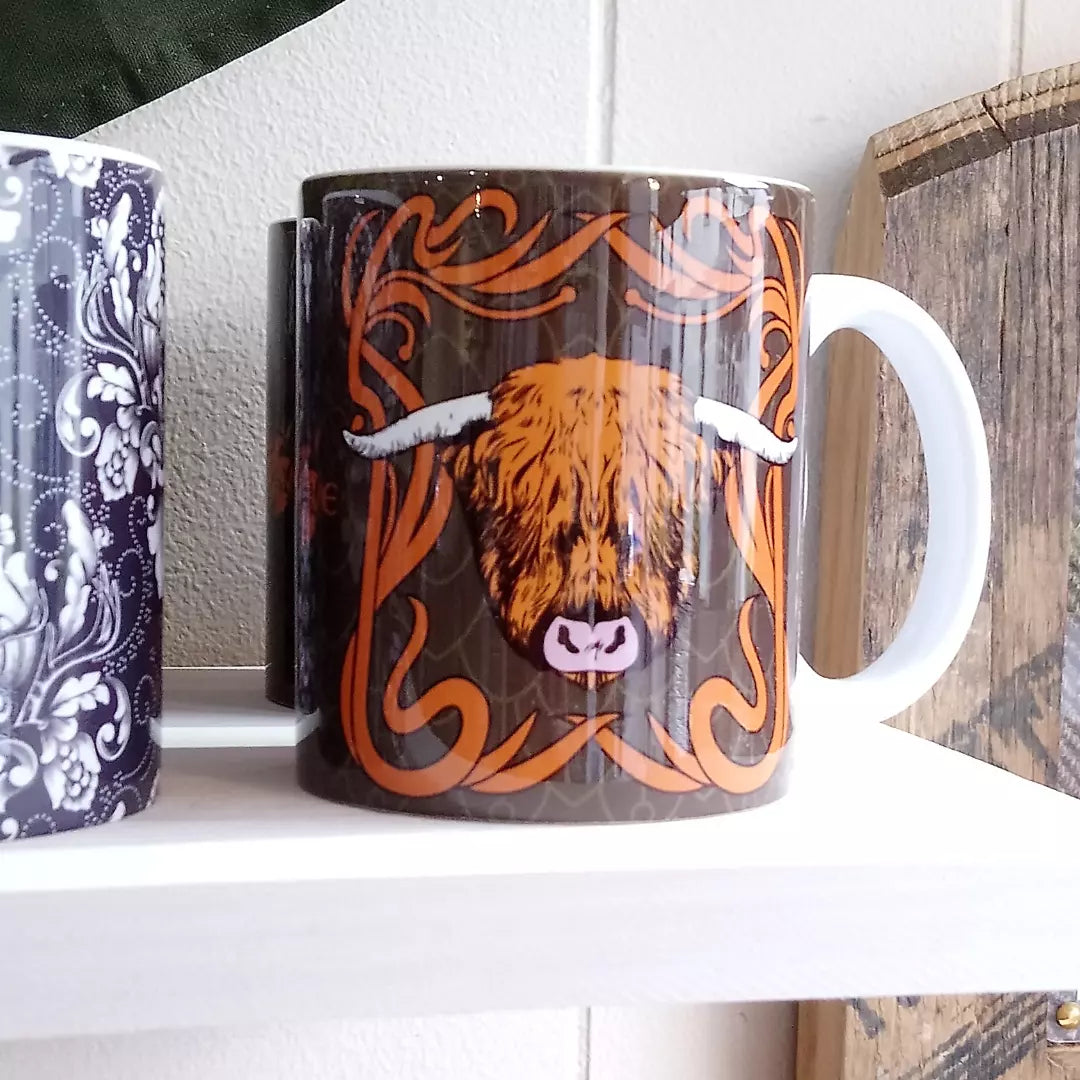 Art Nouveau Highland Cow Mug designed in Glasgow by Brave Scottish Gifts
