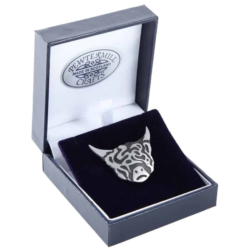 Mini Highland Cow Head Pewter Brooches Made in Scotland by Pewtermill