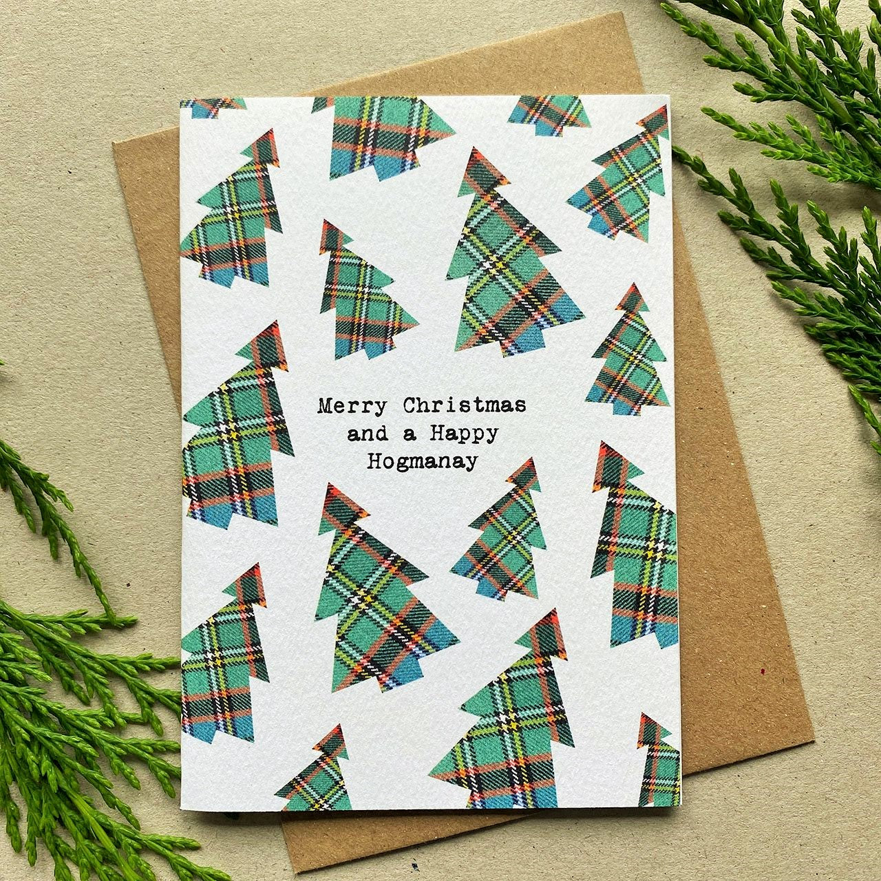 Green Tree Tartan Pattern Christmas Card