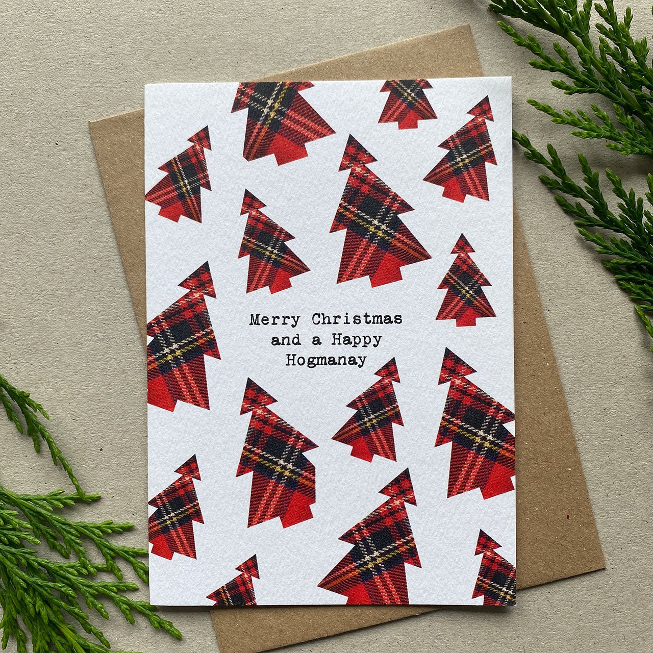 Red Tree Tartan Pattern Christmas Card